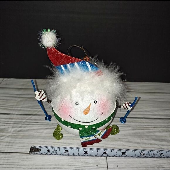 Pier 1 Imports 5.5" Glitter Skiing Snowman Ball Christmas Holiday Tree Ornament - Picture 9 of 9